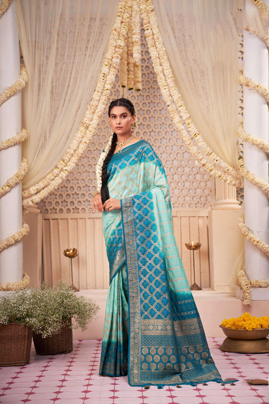 Blue & Light Green Zari with Bandhej Bandhani Raw Silk Saree