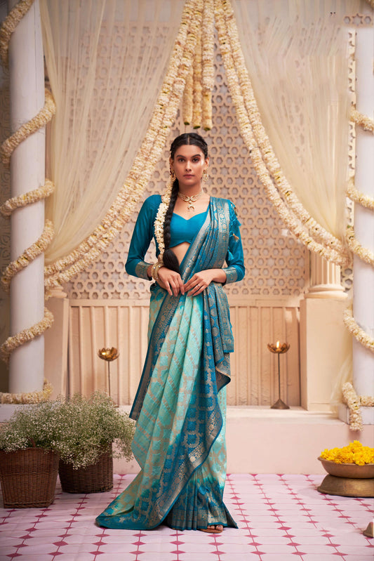 Blue & Light Green Zari with Bandhej Bandhani Raw Silk Saree