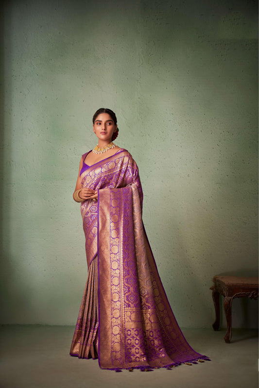 Purple Gold Zari with Bandhej Bandhani Raw Silk Saree