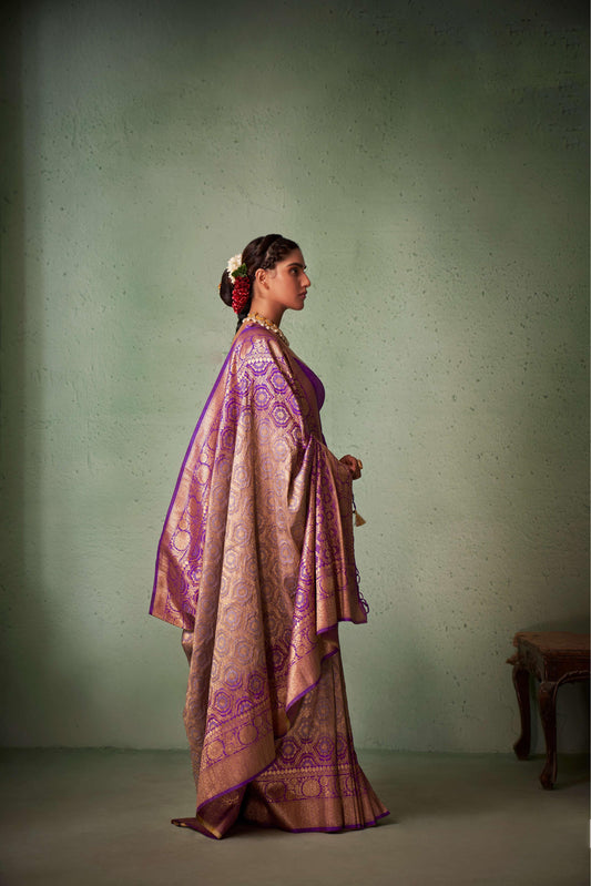 Purple Gold Zari with Bandhej Bandhani Raw Silk Saree