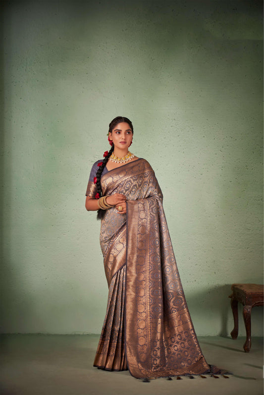 Grey Gold Zari with Bandhej Bandhani Raw Silk Saree