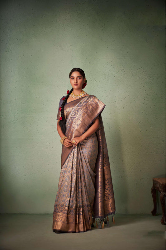 Grey Gold Zari with Bandhej Bandhani Raw Silk Saree