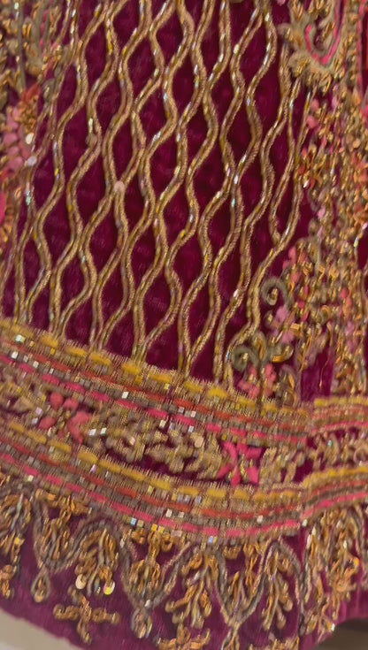 Yellow and Meherun Raw silk  organza and velvet Embroidered Designer Bridal Lehenga