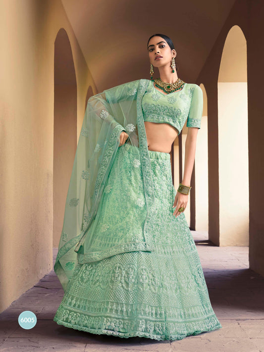 Light Green Soft Net Embroidered Lehenga Choli Size Mehendi 