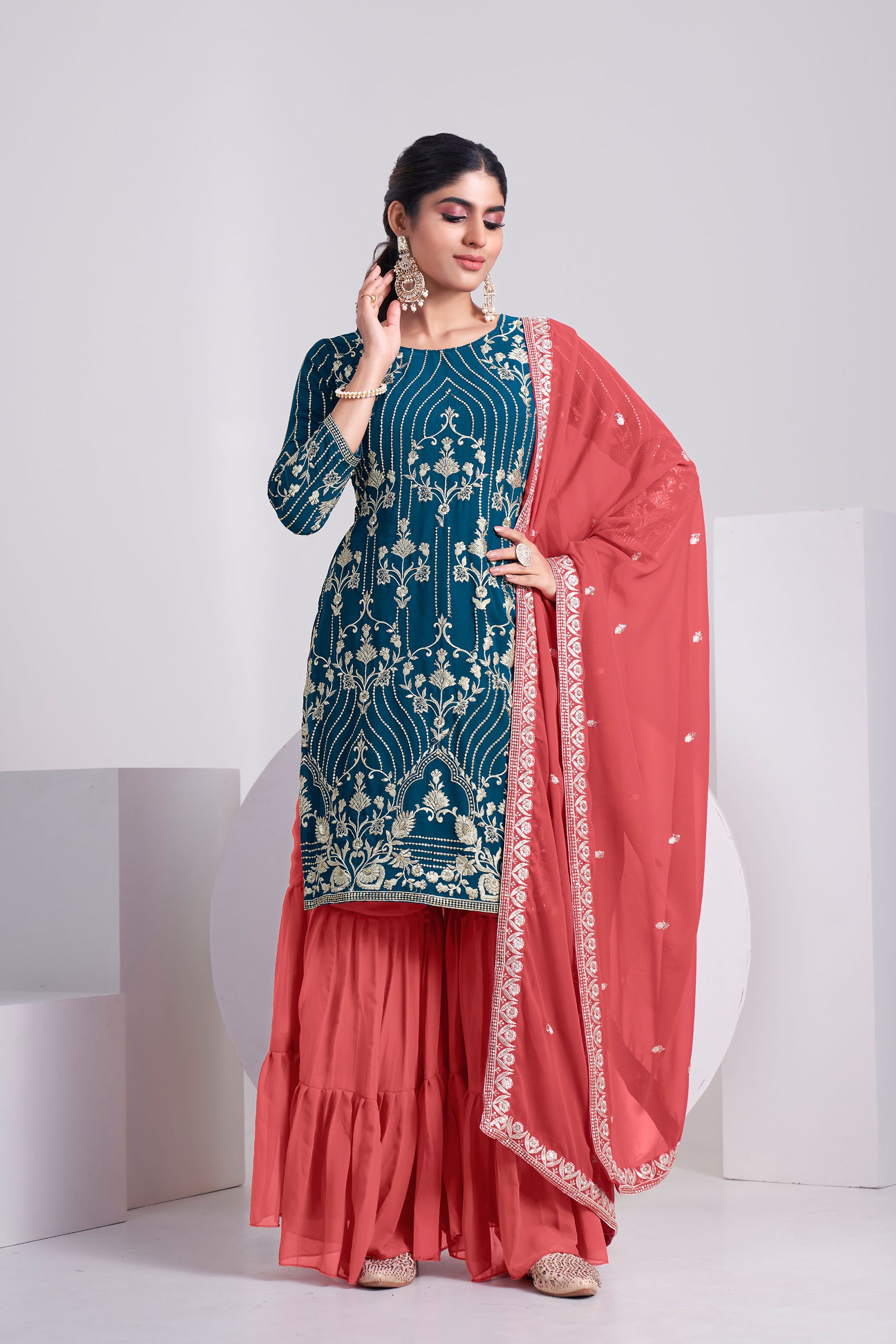 Teal Blue Sequence Embroidered Faux Georgette Sharara