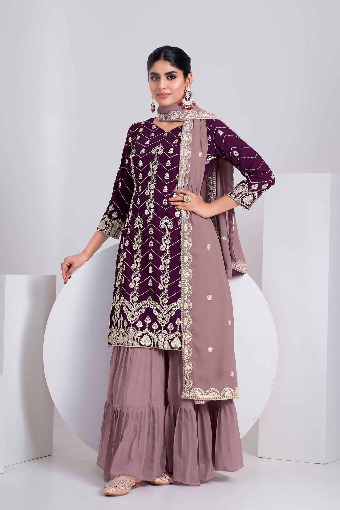Purple Sequence Embroidered Faux Georgette Sharara