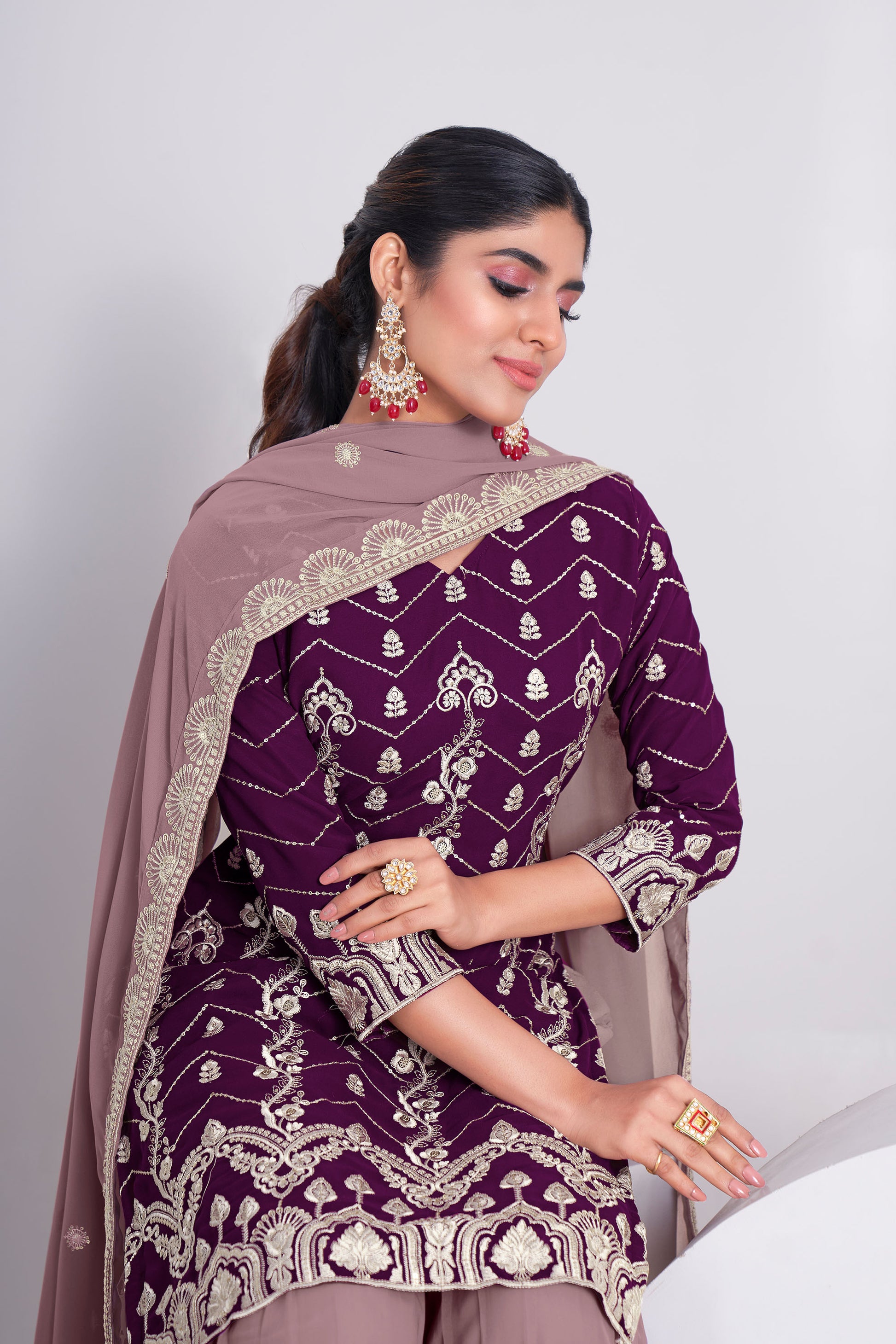 Purple Sequence Embroidered Faux Georgette Sharara