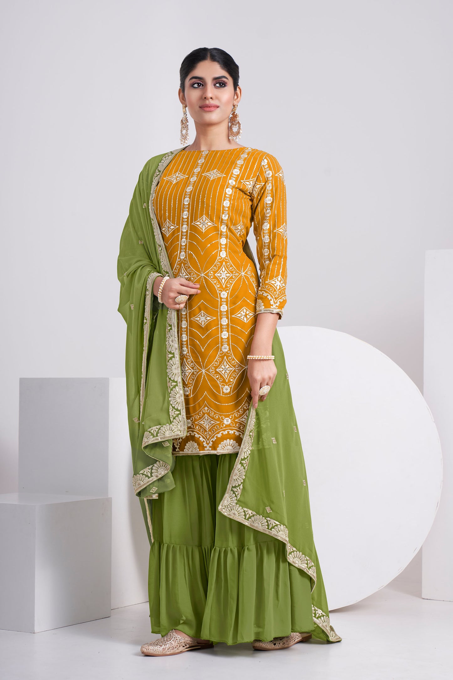 Mustard Yellow Sequence Embroidered Faux Georgette Sharara