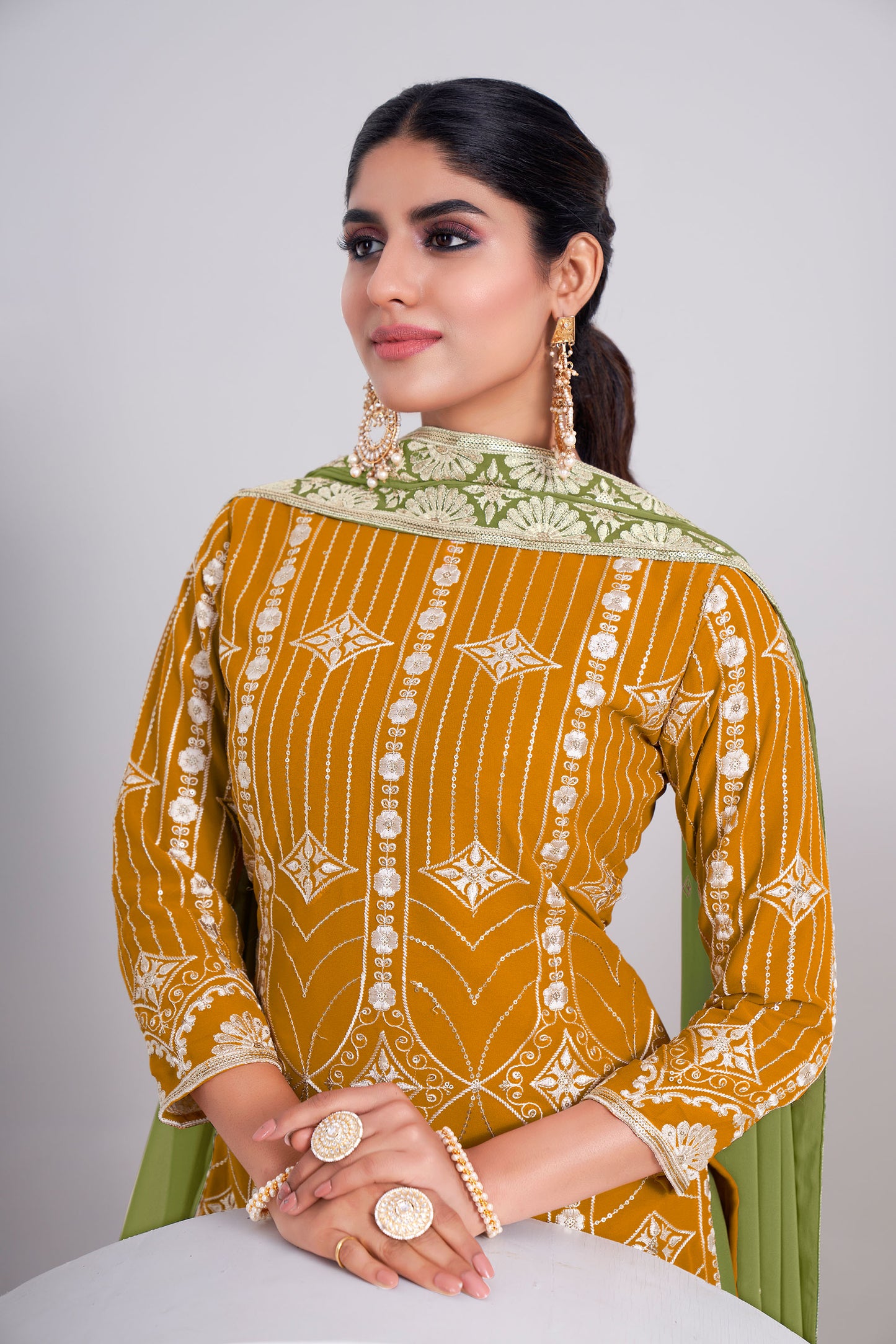 Mustard Yellow Sequence Embroidered Faux Georgette Sharara