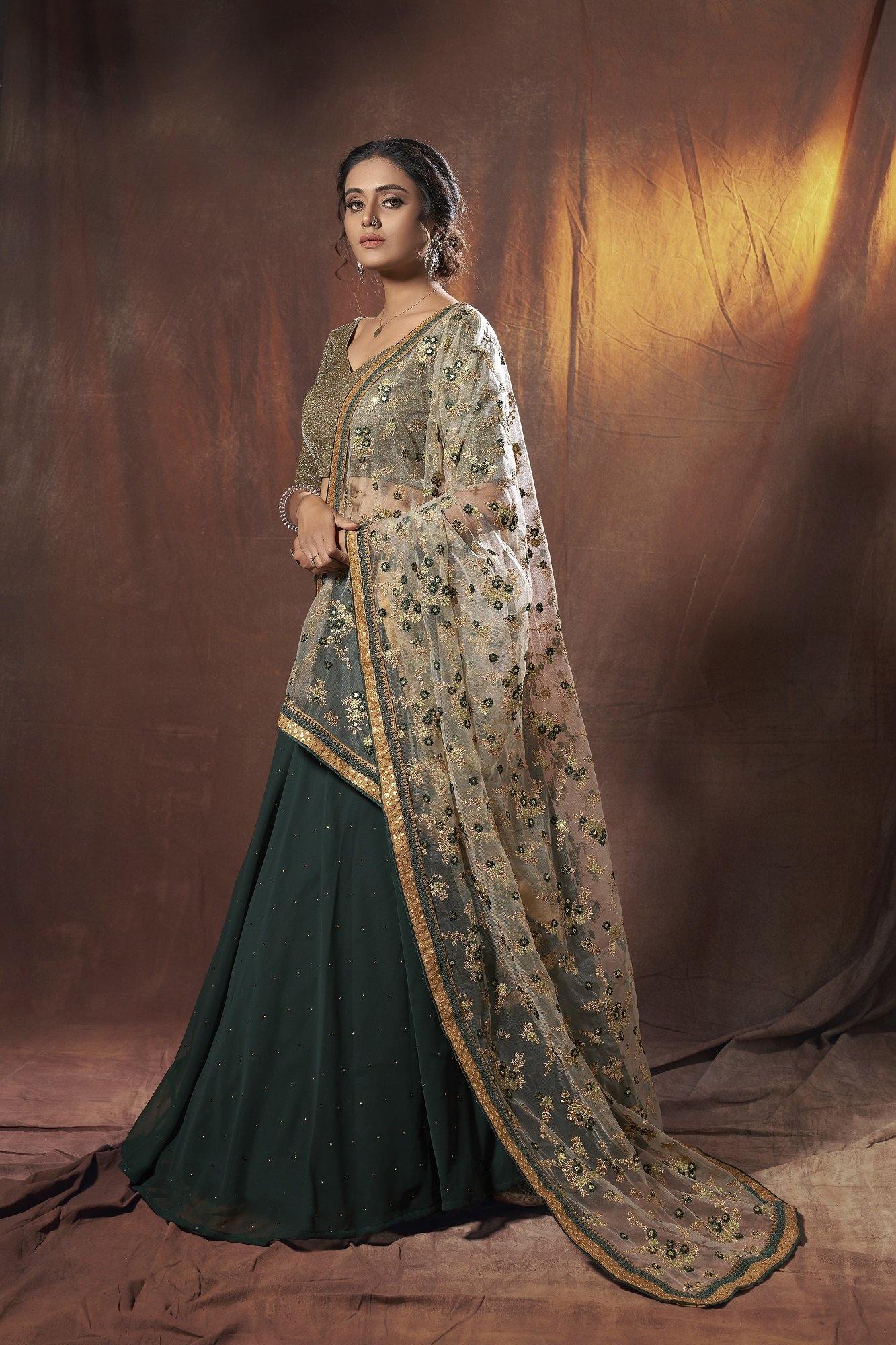 Deep Green Georgette Lehenga with Shimmer Blouse 
