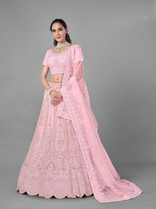    Pink Soft Net Bridal Wear Lehenga Set - Glamou  al