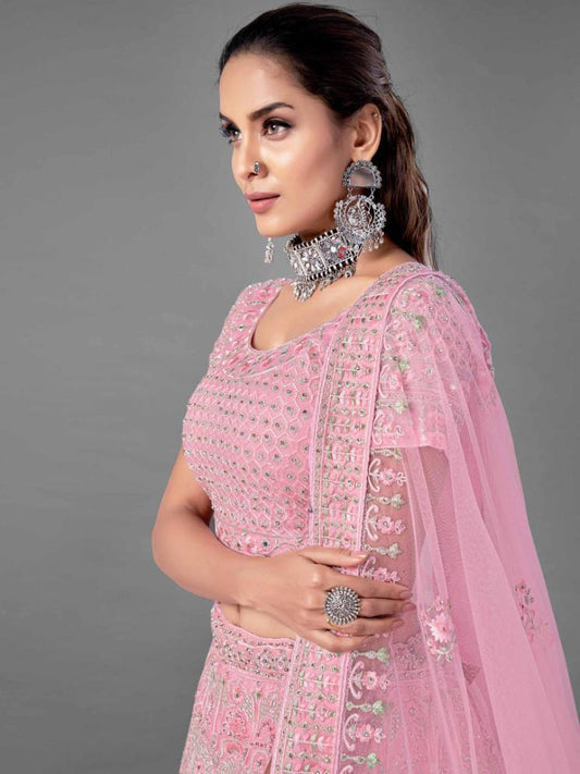    Pink Net Lehenga Set - Glamou  al