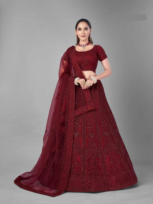    Red Soft Net Bridal Wear Lehenga Set 