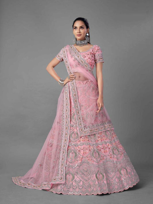 Pink Net Dori Thread Lehenga Choli -    - Glamou  al