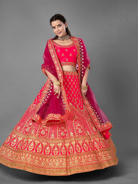    Pink Satin Soft Net Bridal Wear Lehenga Set - Glamou  al