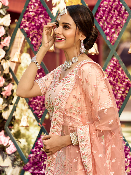 Peach Crepe Zarkan Embroidery Lehenga