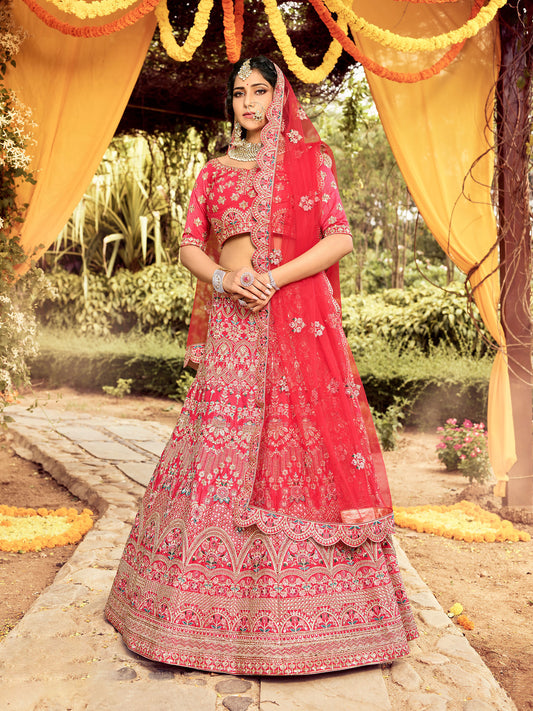 Red Raw Silk Resham Embroidery Bridal Lehenga