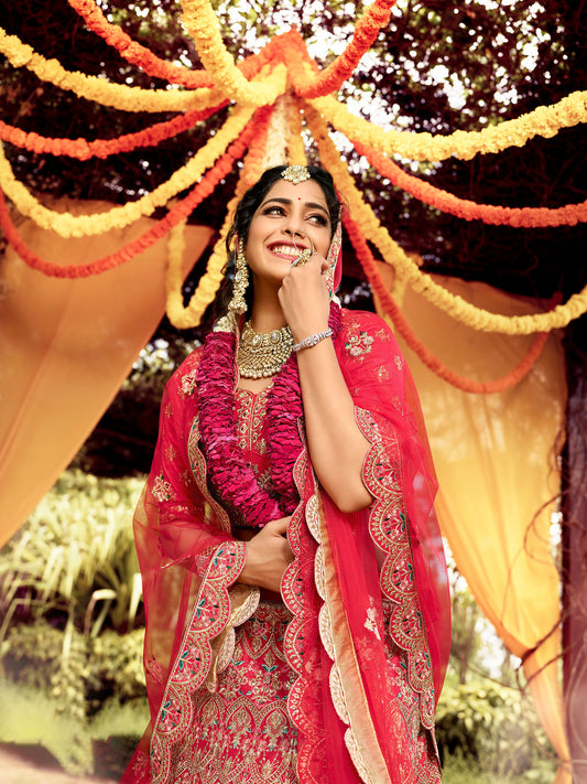 Red Raw Silk Resham Embroidery Bridal Lehenga