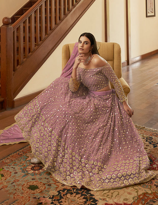 Mauve Georgette Mirror Work Lehenga Set