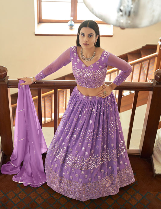Lilac Georgette Mirror Work Lehenga for Bridesmaid 7302