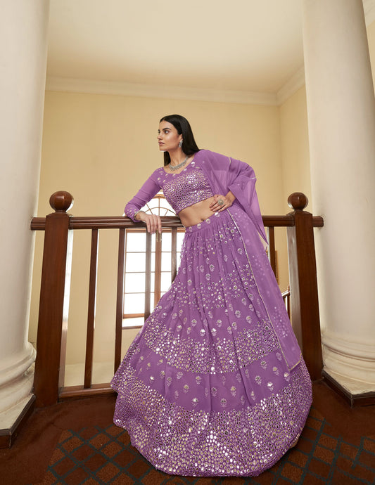 Lilac Georgette Mirror Work Lehenga for Bridesmaid 7302