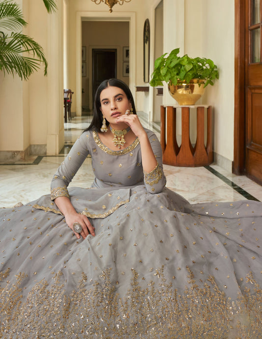 Grey Organza Lehenga with Soft net Dupatta