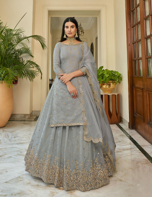 Grey Organza Lehenga with Soft net Dupatta