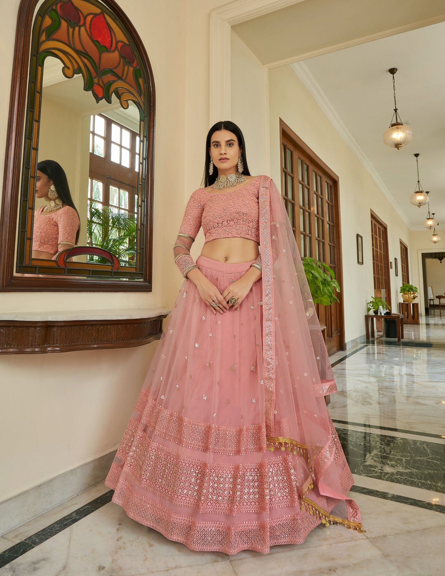 Peach Soft net Lehenga with Net Dupatta for Bridesmaid 7309a