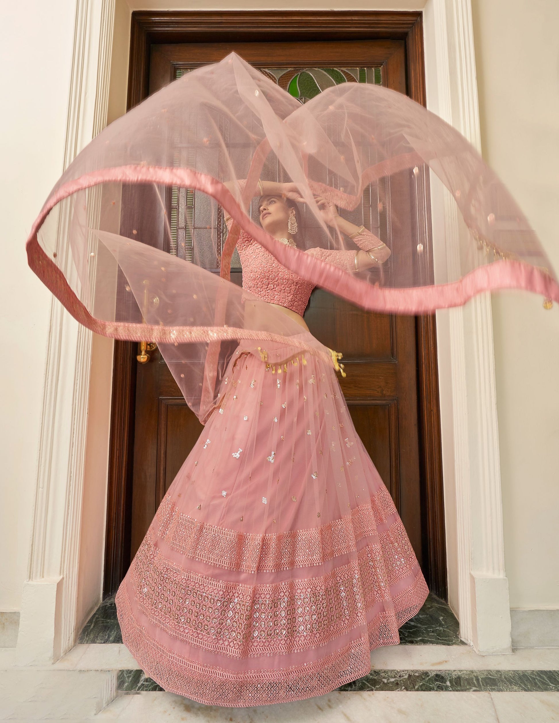 Peach Soft net Lehenga with Net Dupatta for Bridesmaid 7309a