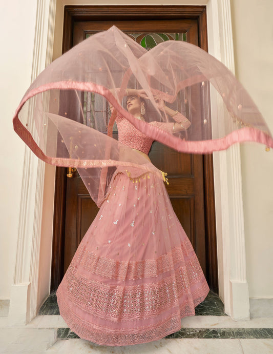 Peach Soft net Lehenga with Net Dupatta for Bridesmaid 7309a