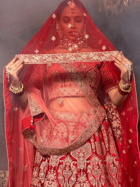 Red Color Velvet Lehenga Choli for Wedding