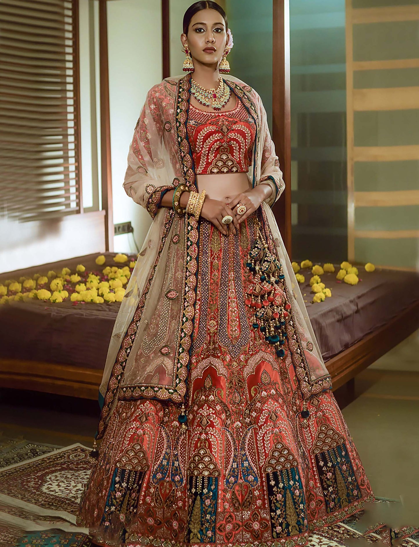 Gorgeous Multicolor Embroidered Velvet Bridal Lehenga