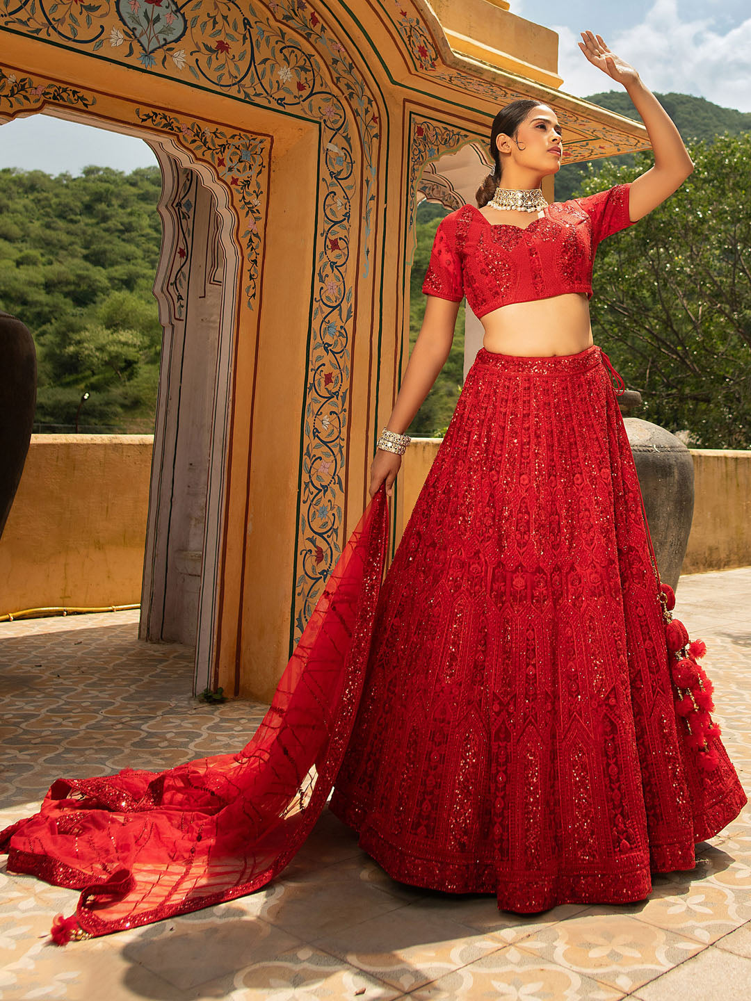 Red Net Heavy Thread Embroidery Lehenga for Bride AN77287b