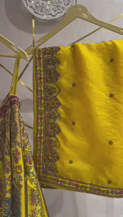 Yellow and Meherun Raw silk  organza and velvet Embroidered Designer Bridal Lehenga