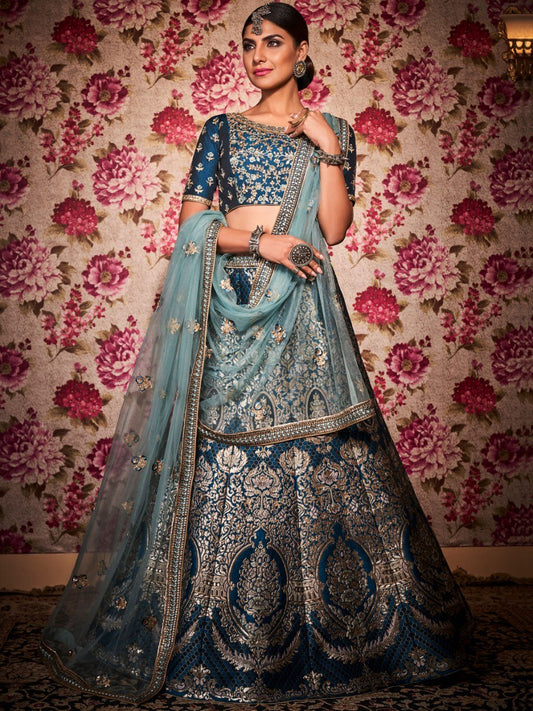 Navy Blue Banaras Silk Bridal Lehenga Choli - Rent