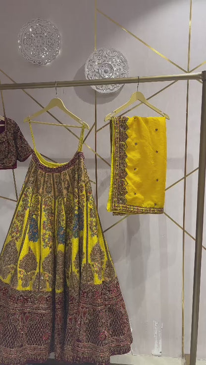 Yellow and Meherun Raw silk  organza and velvet Embroidered Designer Bridal Lehenga
