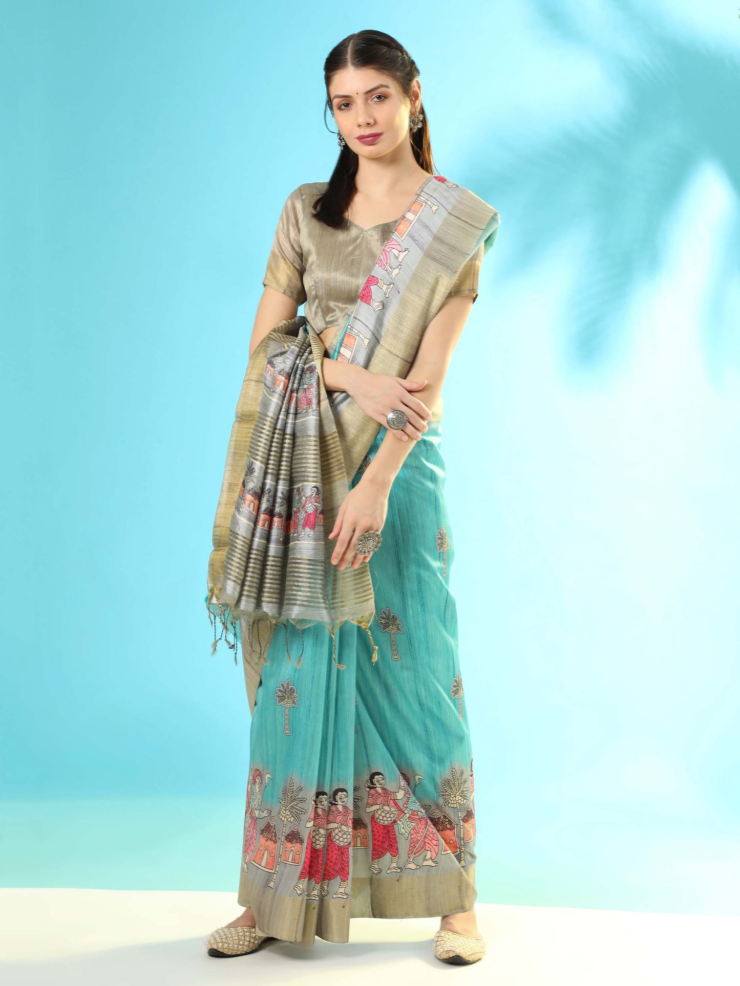 Firozi Kalamkari print Soft Tussar Silk Saree with Beige coloured Blouse