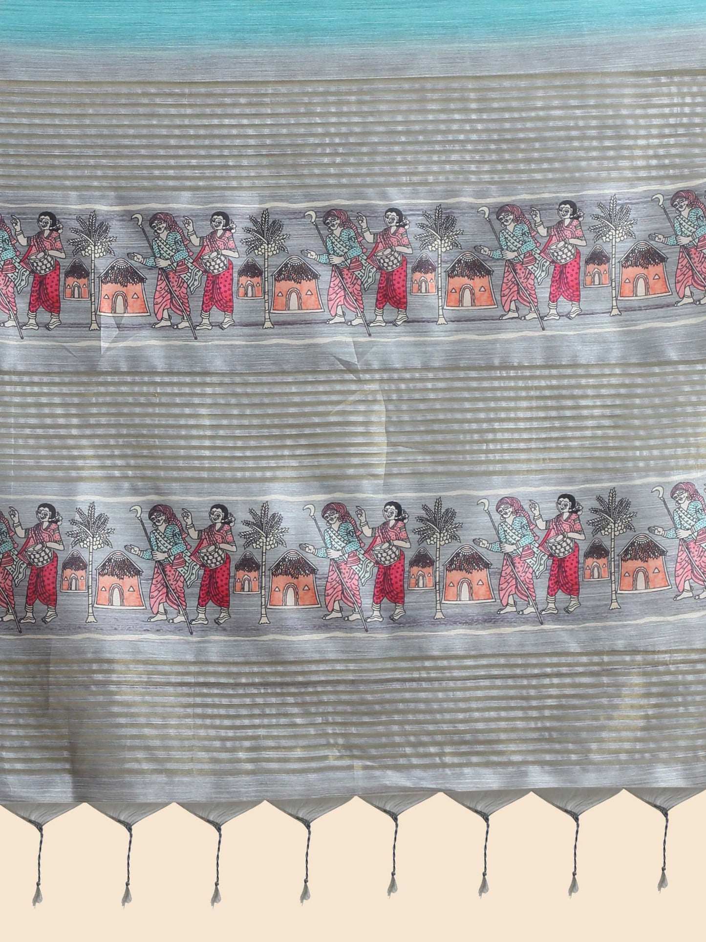 Firozi Kalamkari print Soft Tussar Silk Saree with Beige coloured Blouse