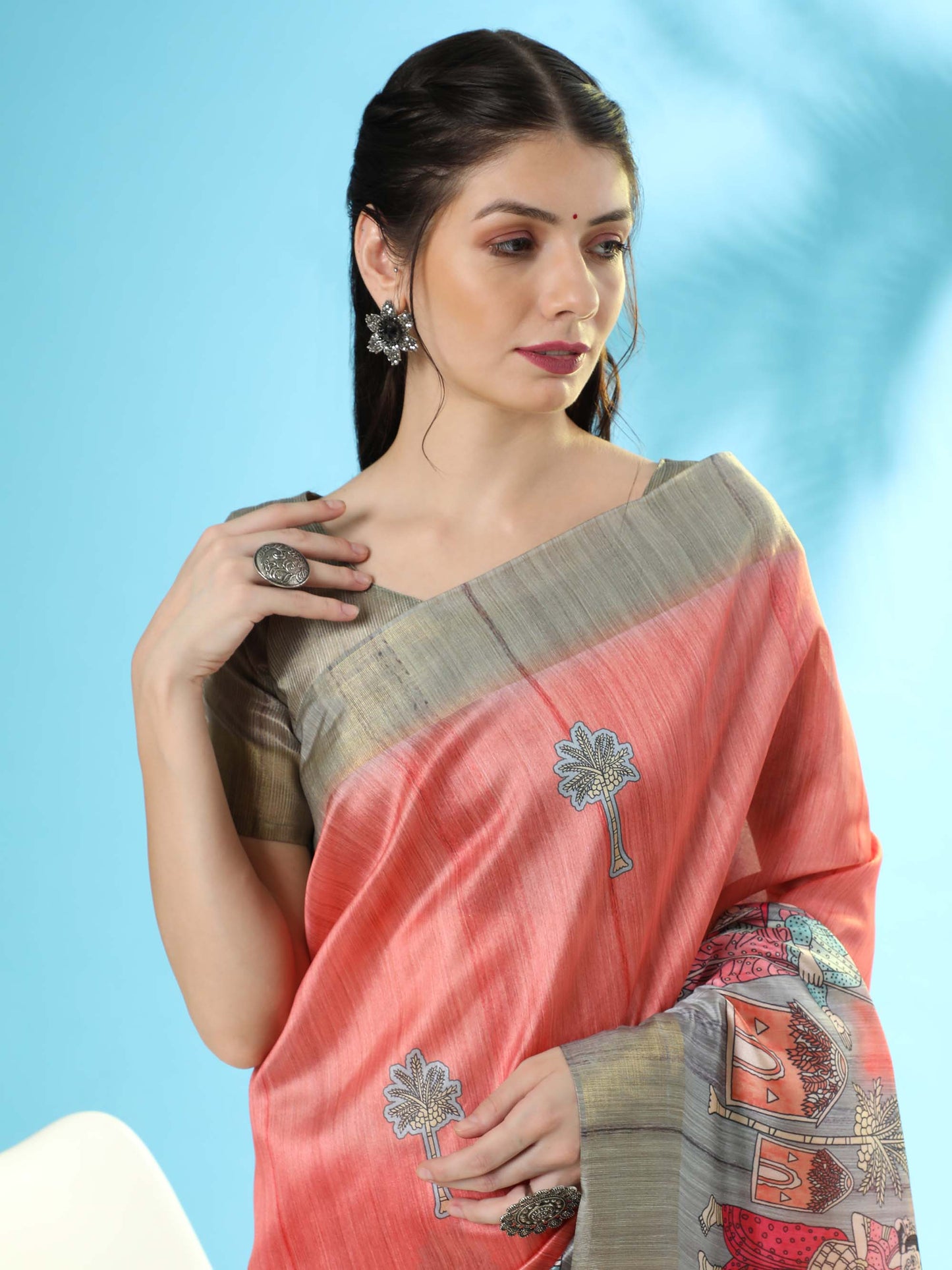 Gajri Kalamkari print Soft Tussar Silk Saree with Beige coloured Blouse