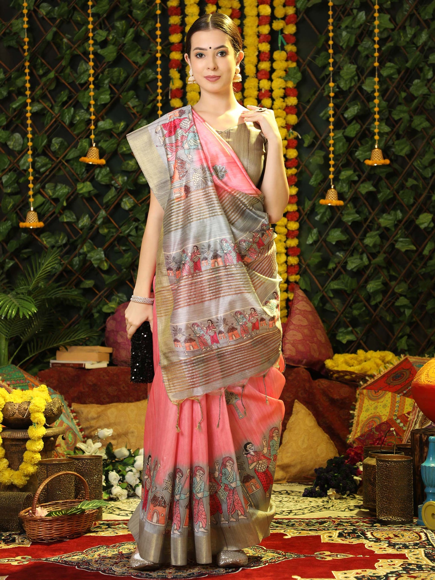 Pink Kalamkari print Soft Tussar Silk Saree with Beige coloured Blouse