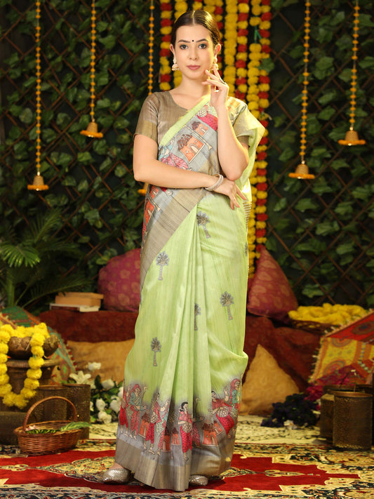 Pista Kalamkari print Soft Tussar Silk Saree with Beige coloured Blouse