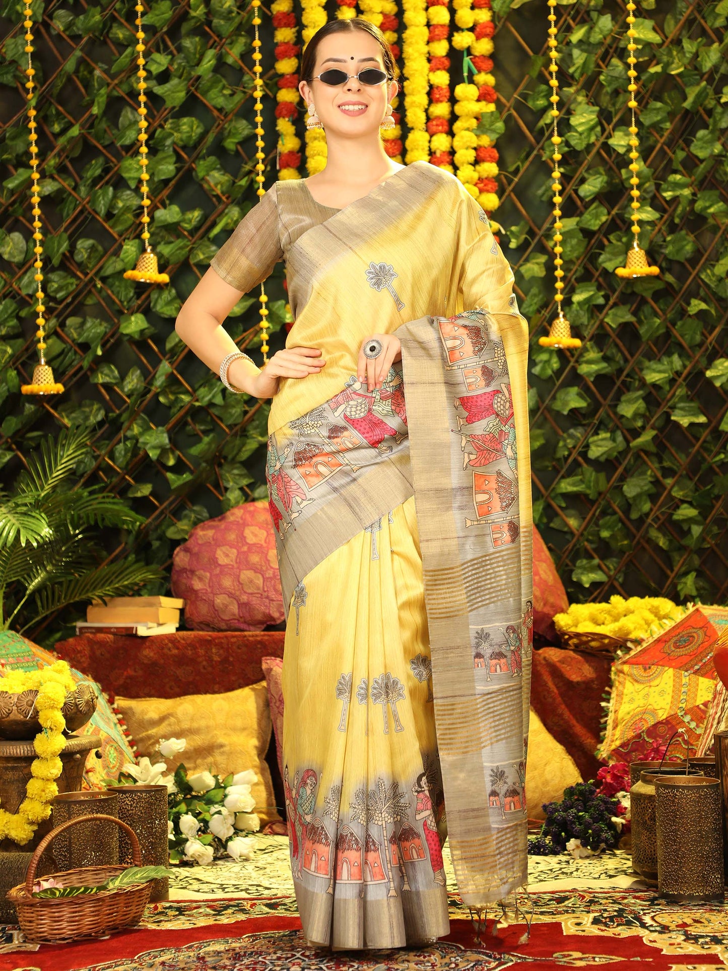 Yellow Kalamkari print Soft Tussar Silk Saree with Beige coloured Blouse