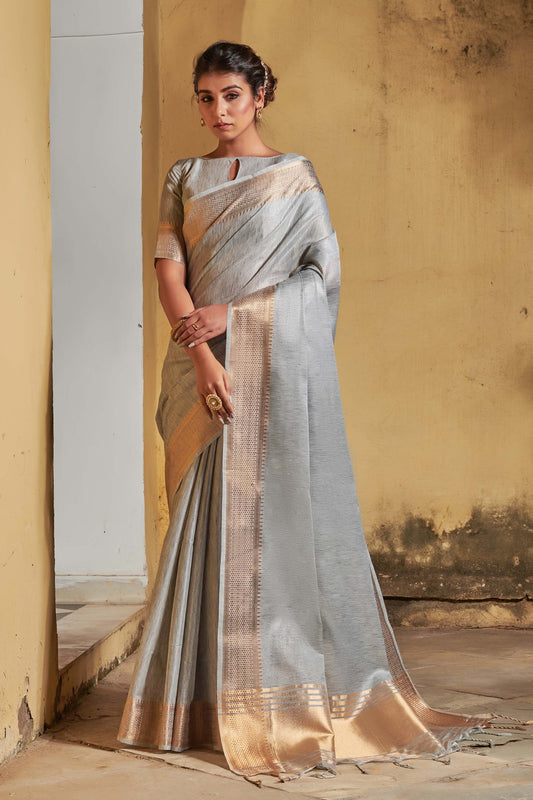 Grey Zari Woven Maheshwari Silk Saree