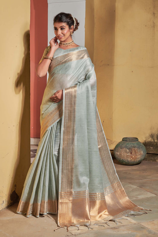 Pastel Green Zari Woven Maheshwari Silk Saree