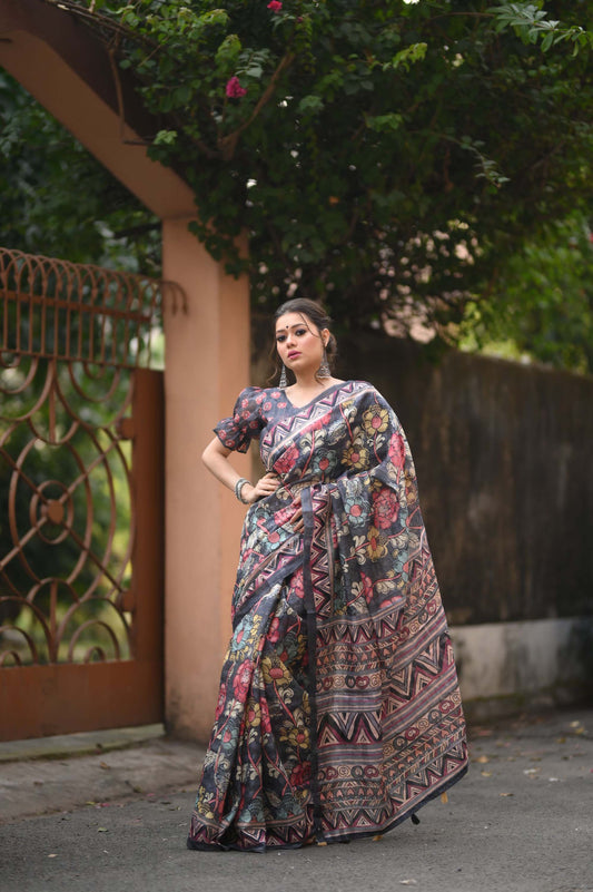 Black Zari lined and Digital Printed Cotton Saree