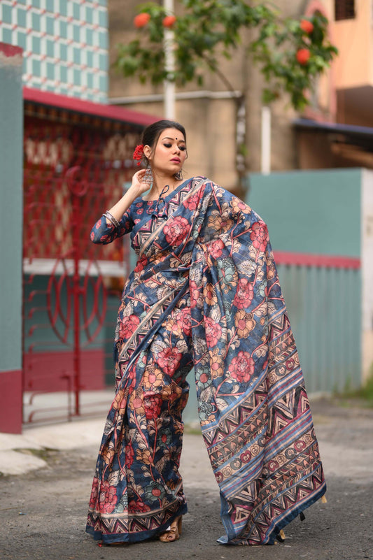 Blue Zari lined and Digital Printed Cotton Saree