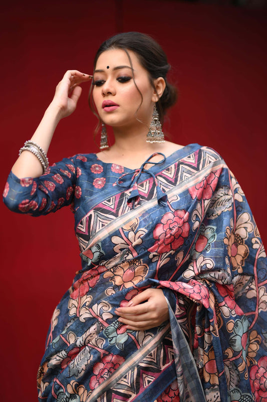 Blue Zari lined and Digital Printed Cotton Saree