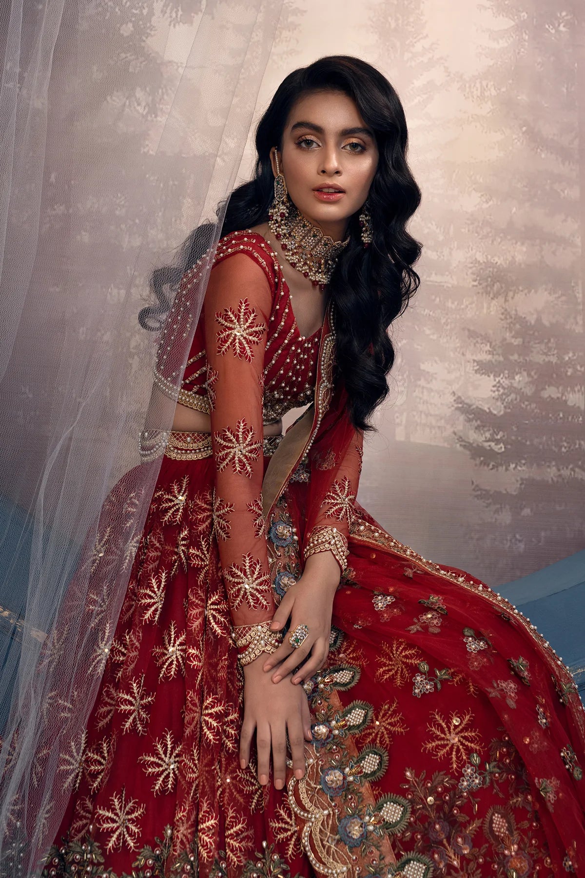 Red Net Heavy Embroidered Bridal Wear Lehenga Choli