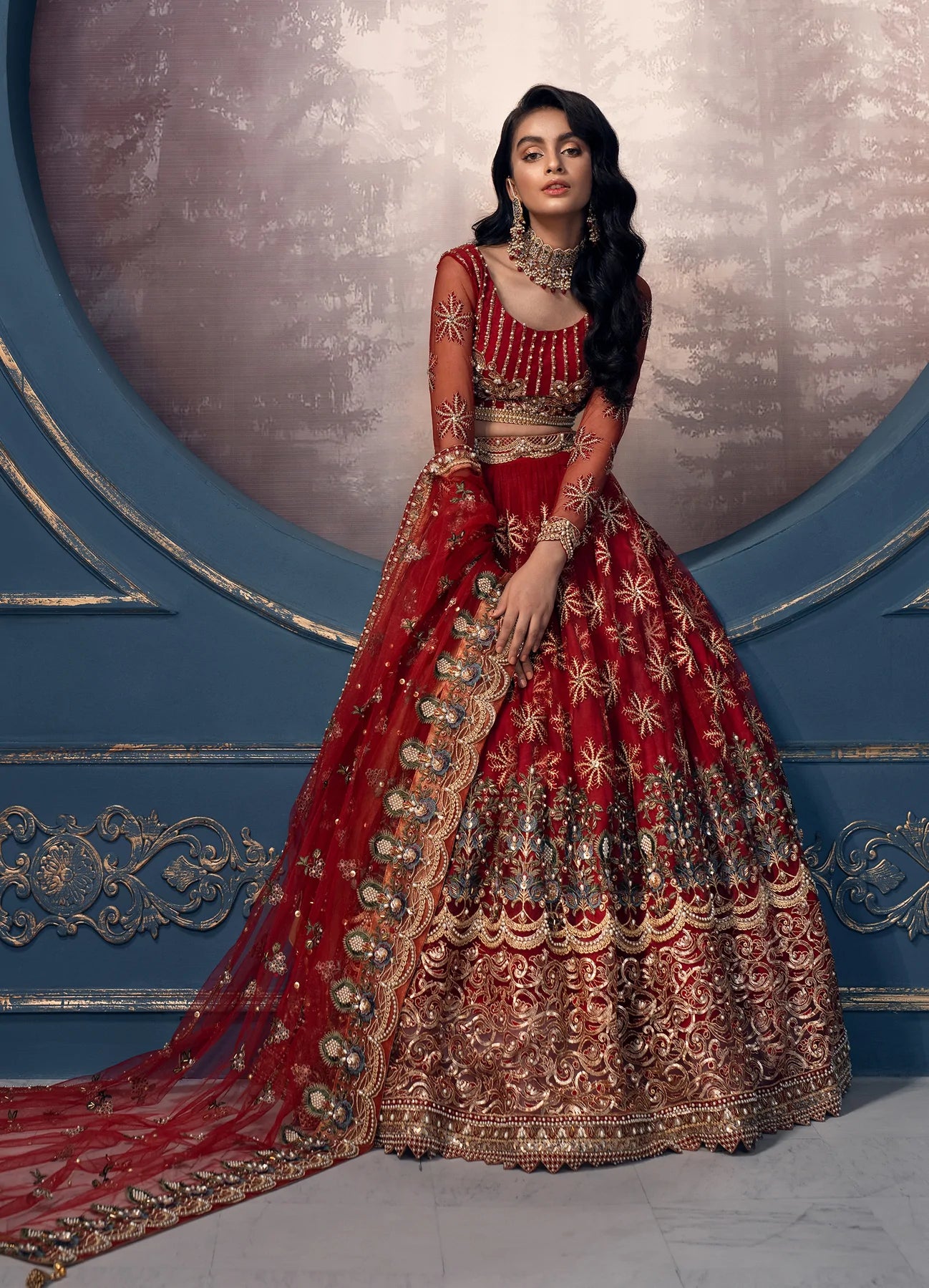 Red Net Heavy Embroidered Bridal Wear Lehenga Choli