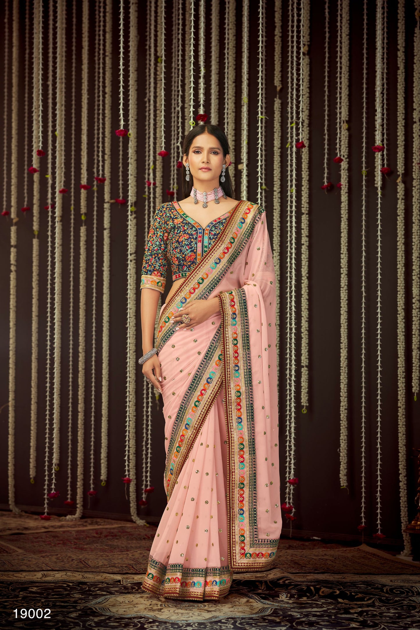 Baby Pink Color Zari Embroidery Georgette Saree for Engagement